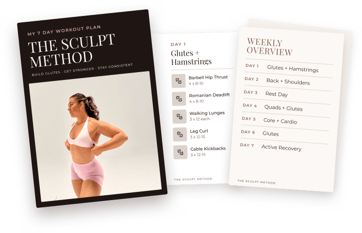 Pages of the Sculpt Method fanned out: the cover, Day 1 Glutes + Hamstrings with its exercises, and the weekly overview