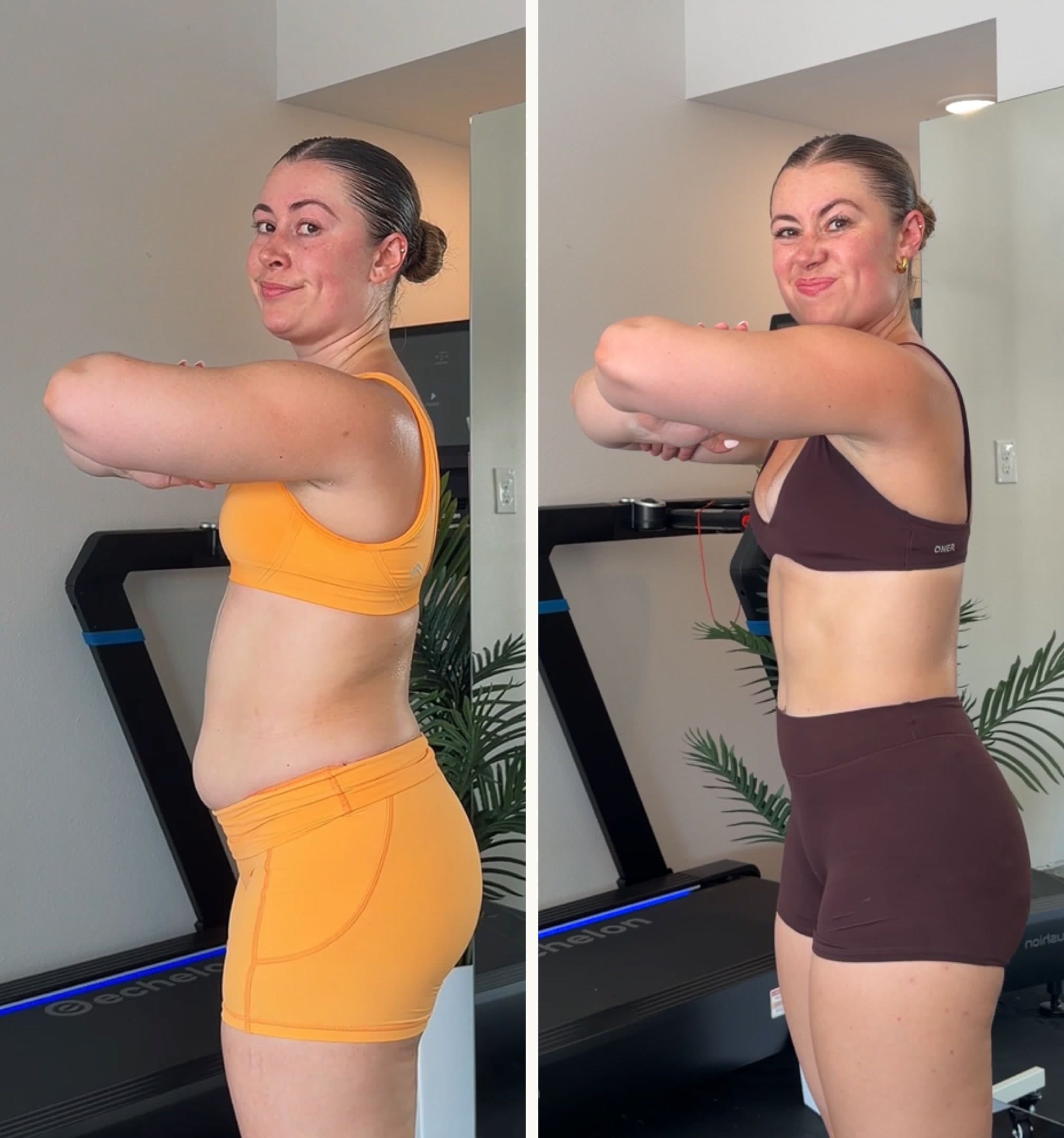 Two photos of Cheyanne side by side, in an orange workout set on the left and a brown set on the right